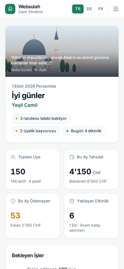 WEBSULAH yönetim paneli telefonda: ana sayfa